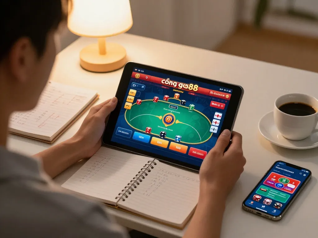 Engaging in online gambling at cổng game go88 with a cozy home setup and strategic notes on the table.