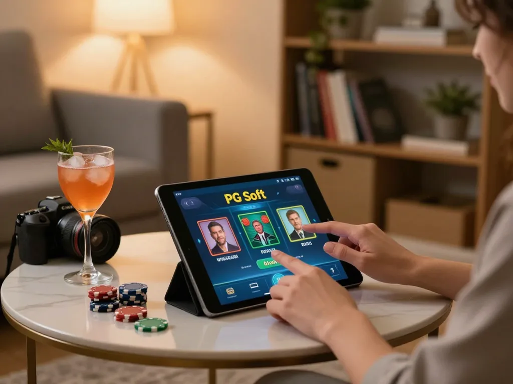 Permainan menarik dengan aplikasi PG Soft di tablet saat sesi kasino santai di rumah.