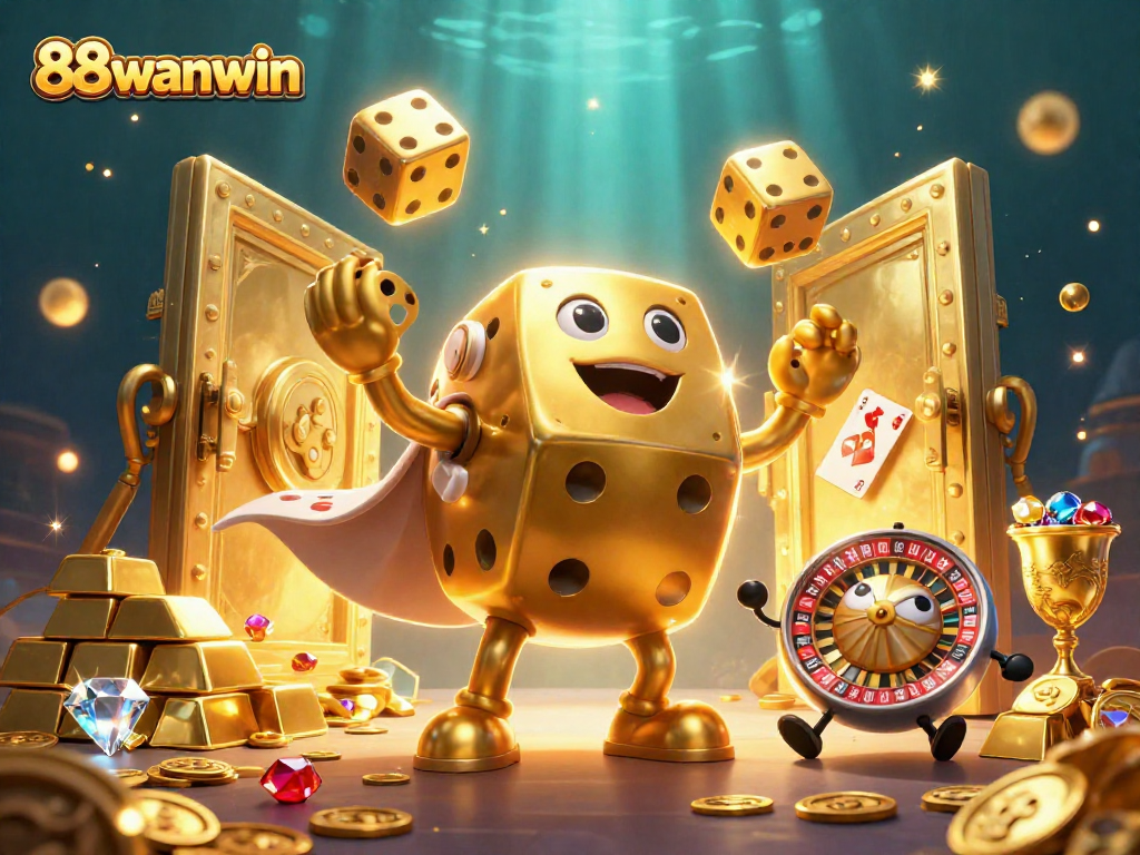 88wanwin showcases a vibrant casino scene with golden dice and interactive gaming elements.