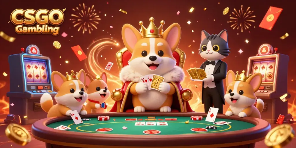 Experience thrilling CSGO Gambling with corgi royalty amidst a vibrant casino scene.