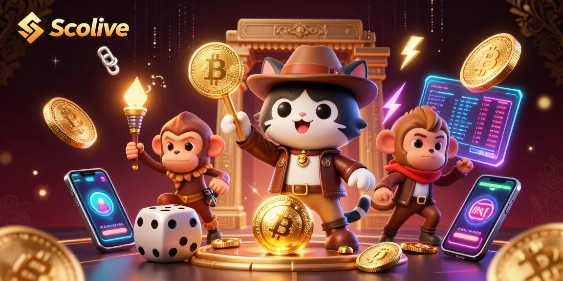 Socolive transforms the gaming scene with a dynamic 3D illustration featuring an adventurous cat archaeologist uncovering a golden artifact among crypto coins and interactive gaming elements.