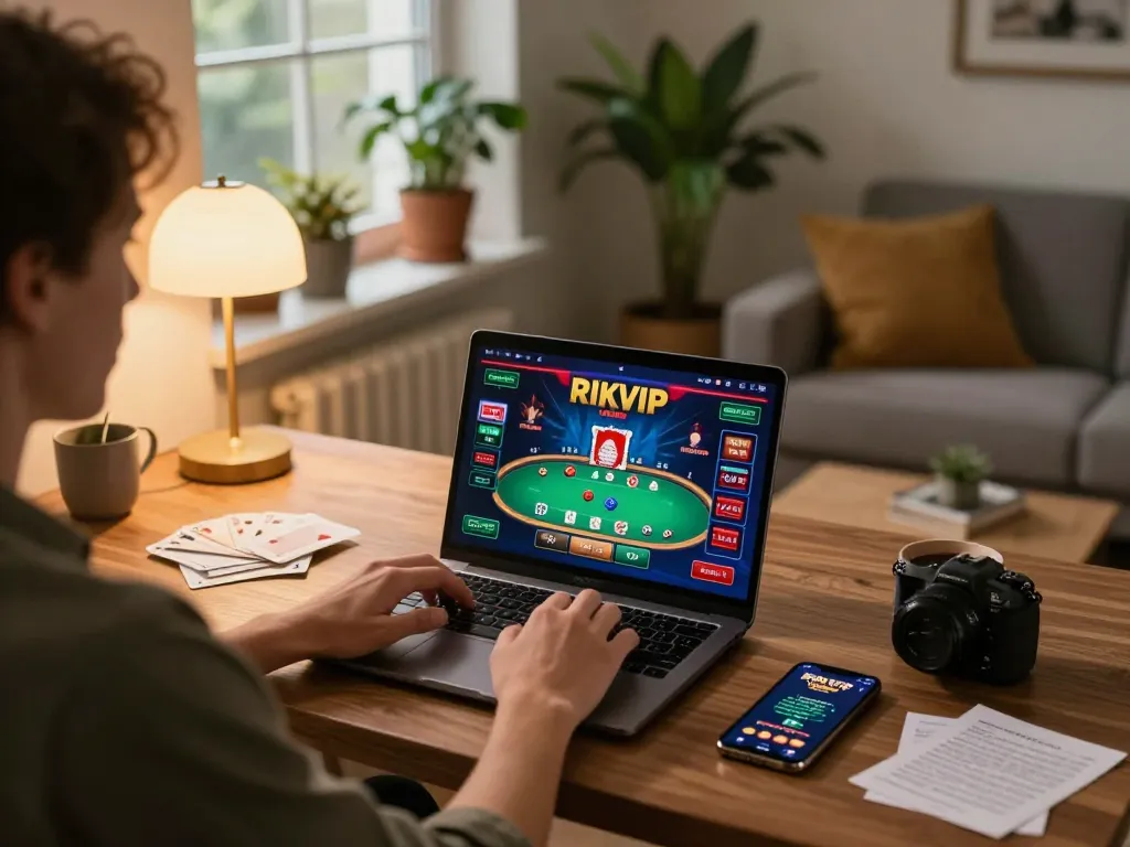 Engaging moment of playing RIKVIP online casino on a laptop at home, showcasing strategic gameplay and cozy atmosphere.