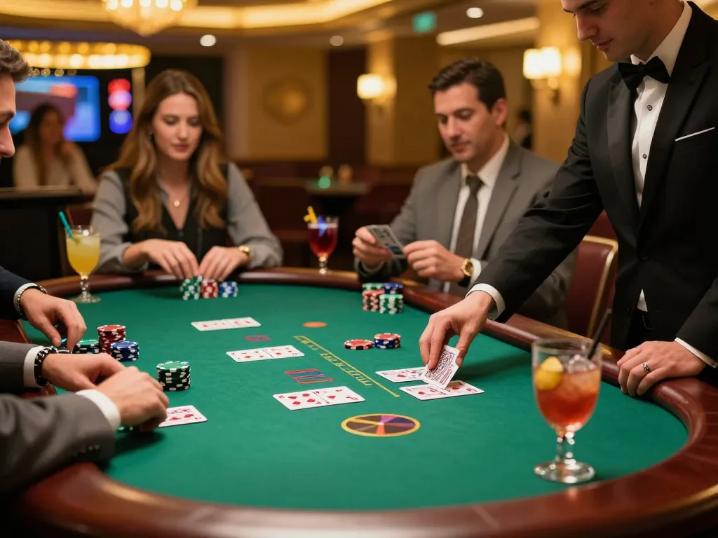 Bbet players engaging in a thrilling game of blackjack at a vibrant casino table with chips and cards.