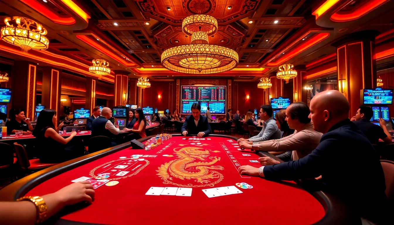 Experience thrilling Evolution Dragon Tiger ภาษาไทย gameplay in a vibrant casino atmosphere.
