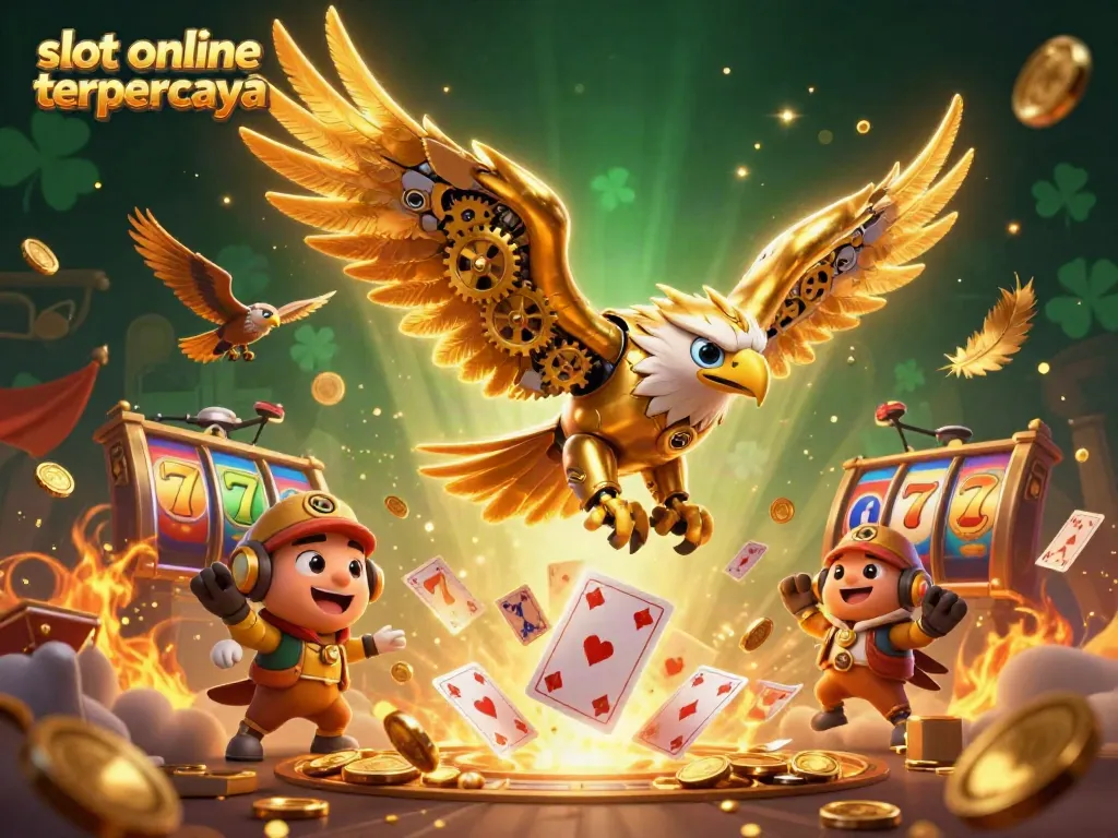Gambarkan kekayaan peluang kemenangan slot online terpercaya dengan slot gacor dan kartu bermain di atmosfer yang berkilau.
