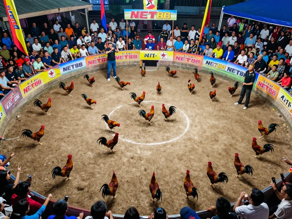 Catch the thrilling action of Đá Gà NET88 with roosters battling in an energized arena