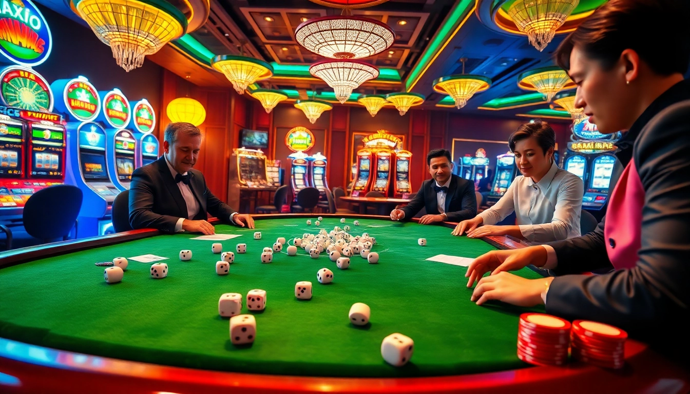 Engage in thrilling Taixiu gambling with vibrant casino dice and glamorous players at the table.