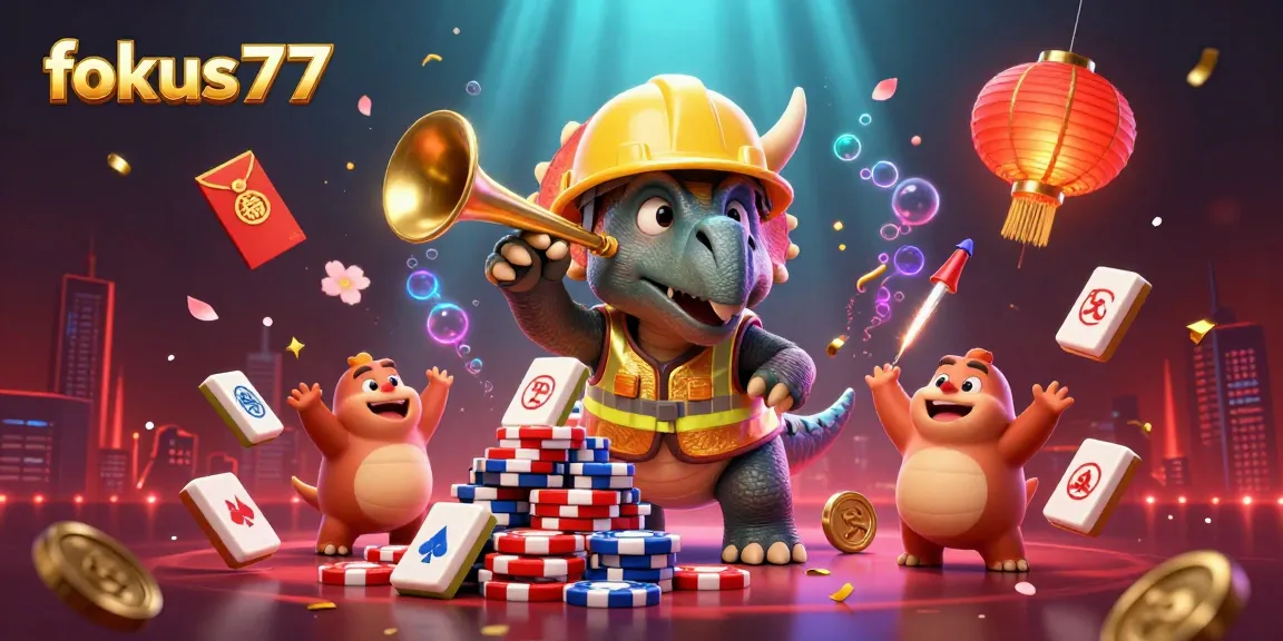 Celebrate winning moments with fokus777 in a vibrant 3D illustration featuring poker chips and festive elements.