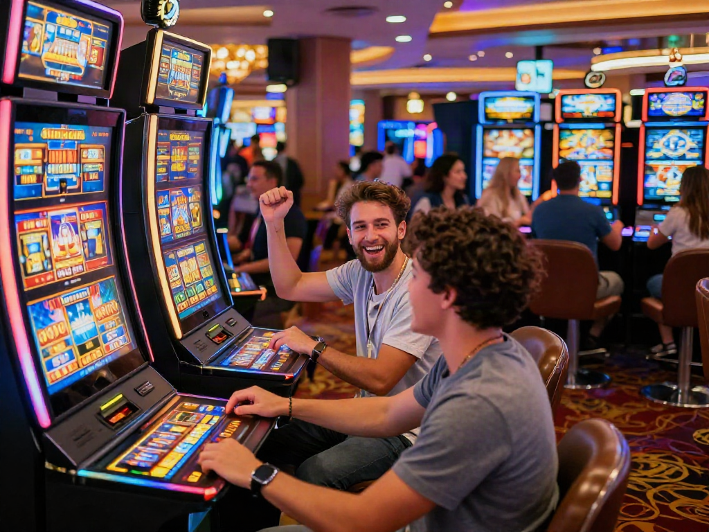 Excited players enjoying slot machines in a vibrant casino atmosphere