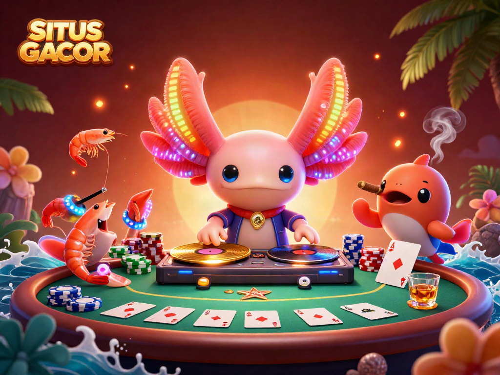 Engage with SITUS GACOR through an energetic 3D scene featuring vibrant characters and dynamic casino elements.