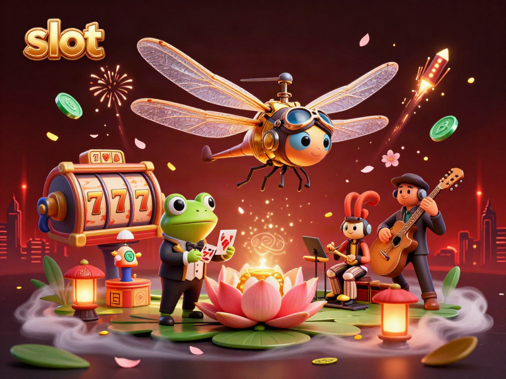 Slot mesin yang meriah dalam ilustrasi 3D dengan karakter unik di kasino lily pad.