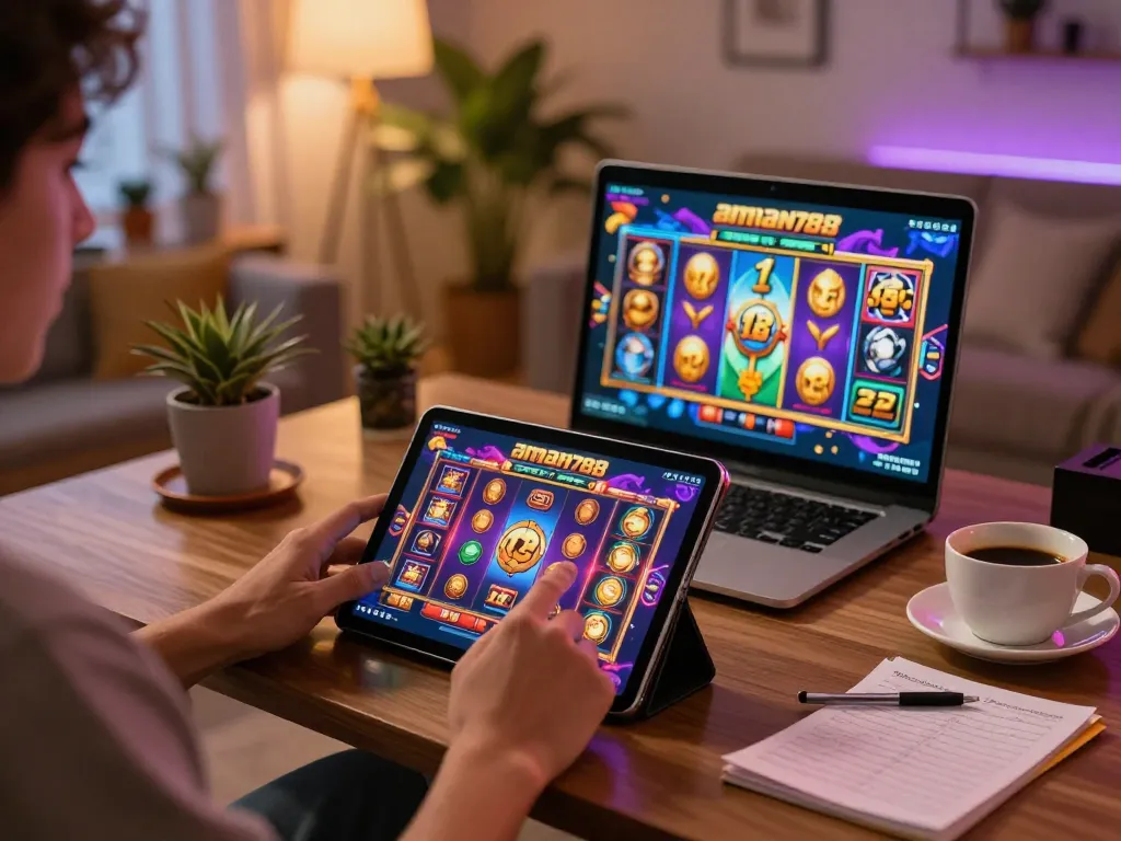A person enjoying aman788 slot gacor online gaming on a tablet in a cozy home setup