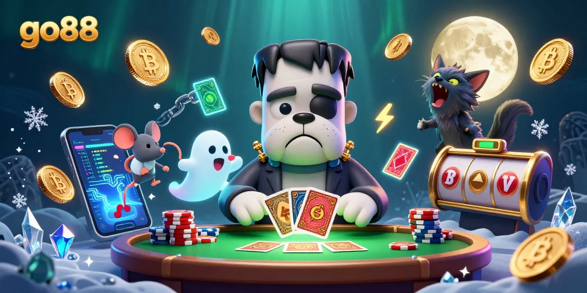 Experience exhilarating play at go88 with a 3D illustration of a Frankenstein bulldog dealer, enchanting characters, and casino elements.