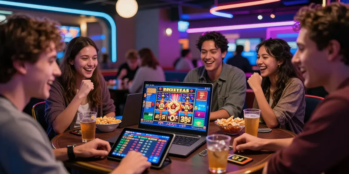 Action-packed scene of players enjoying bonus buy slots UK in a lively urban casino environment, celebrating wins and strategies.