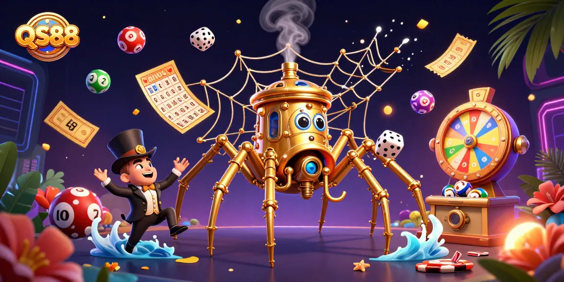 Experience the thrill of betting on QS88 with this lively illustration showcasing a steampunk spider web of luck and colorful lottery elements.