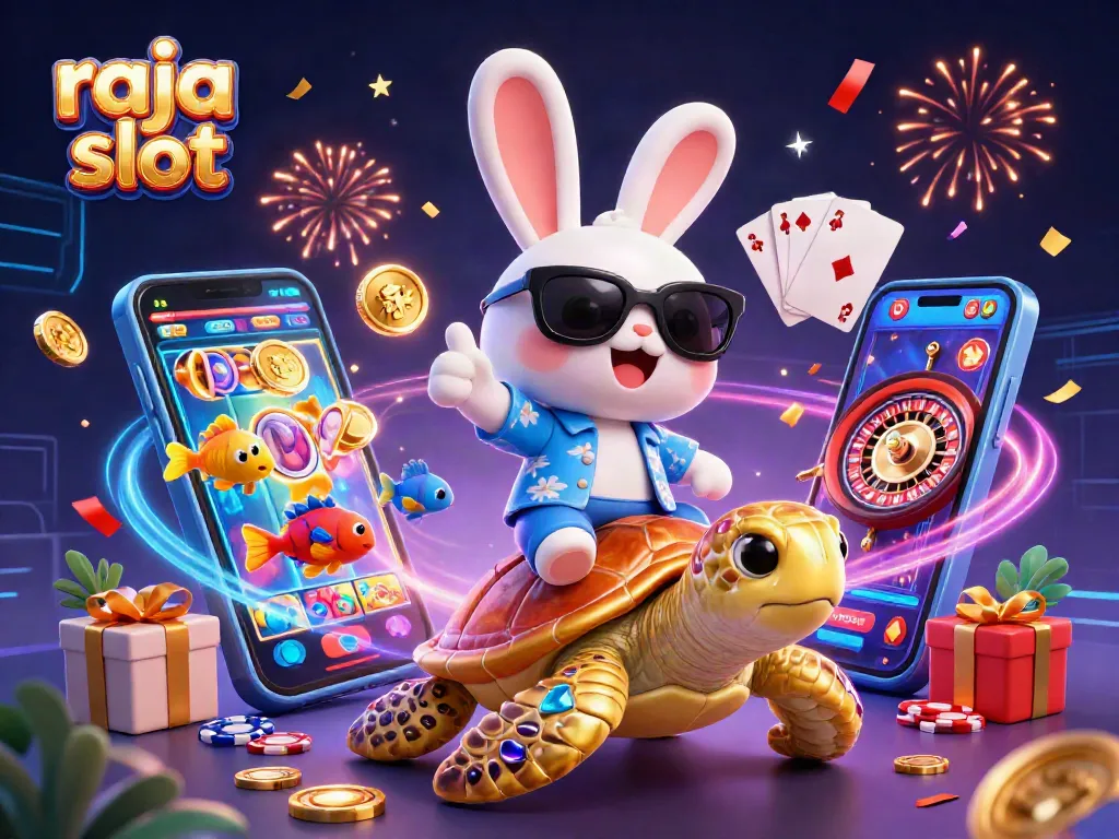 Raja slot menunjukkan kegembiraan saat bermain game slot di dunia 3D yang penuh warna.