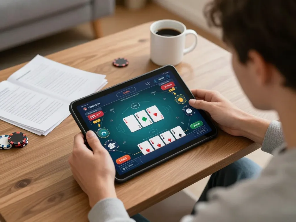 Player enjoying nk88 online poker gaming with strategy notes in cozy home setup