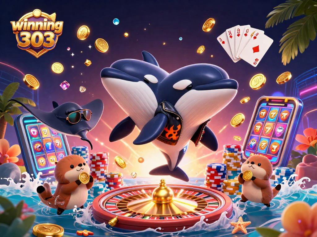 Winning303 offers vibrant casino excitement featuring an orca, stingray, and otters in a dynamic, gold-filled scene.