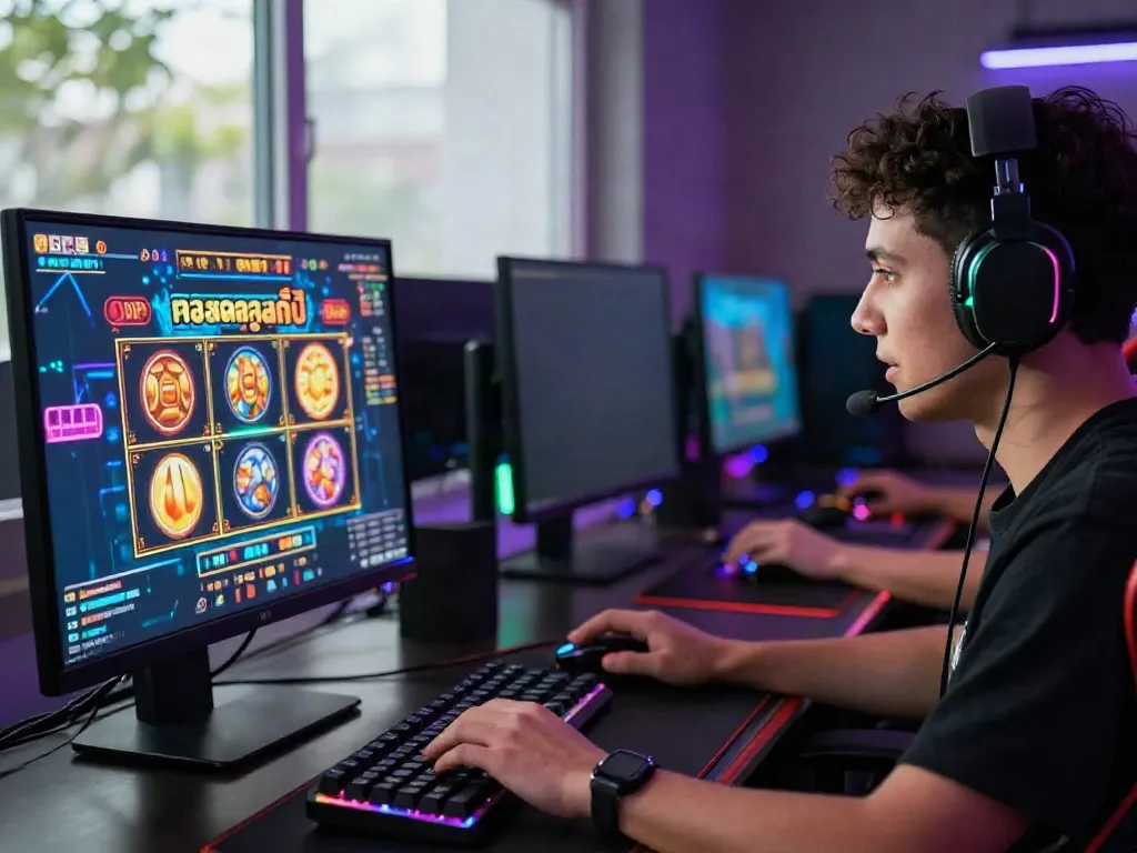 Enthusiastic player engaged in ทดลองสล็อต games, vibrant setup with slot visuals.
