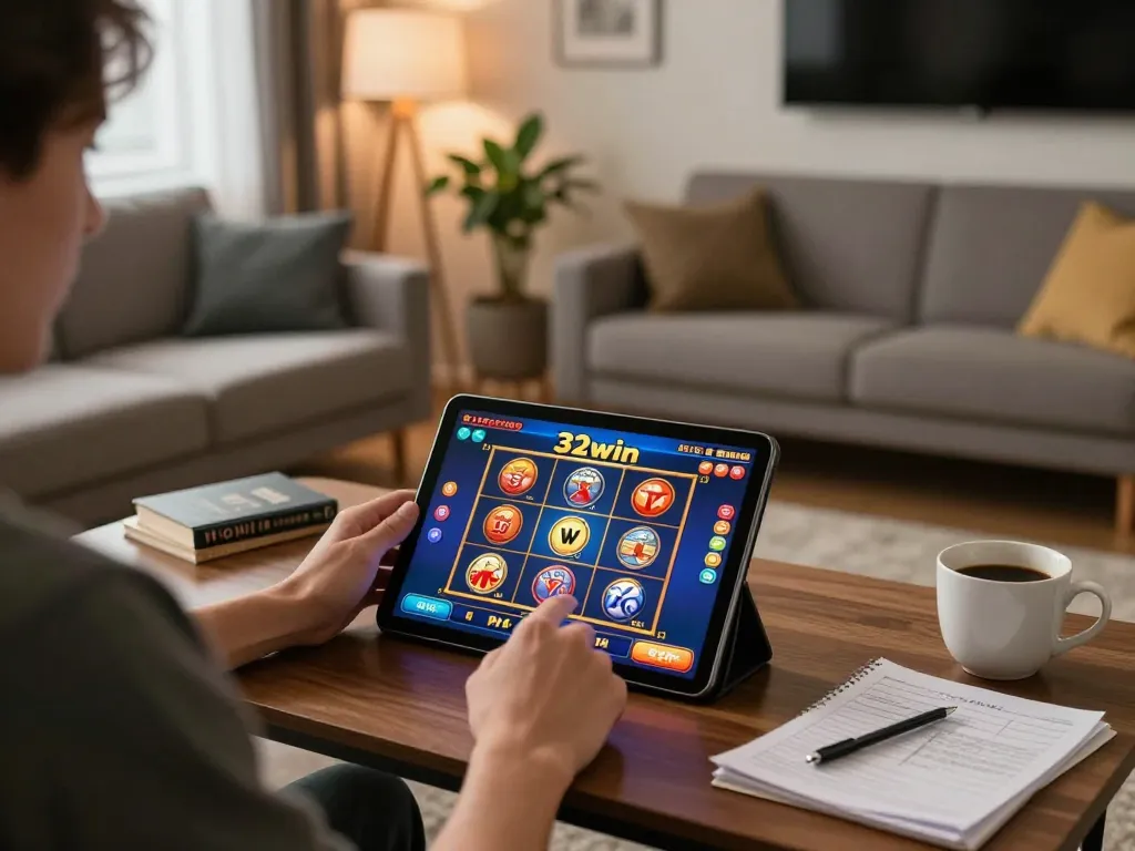 Engage in thrilling 32win gameplay with tablet in vibrant home setting, showcasing online slot excitement.
