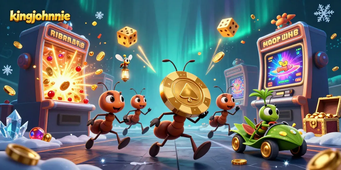 Experience thrilling gameplay at kingjohnnie with whimsical ants heisting a giant poker chip amidst a festive casino scene.