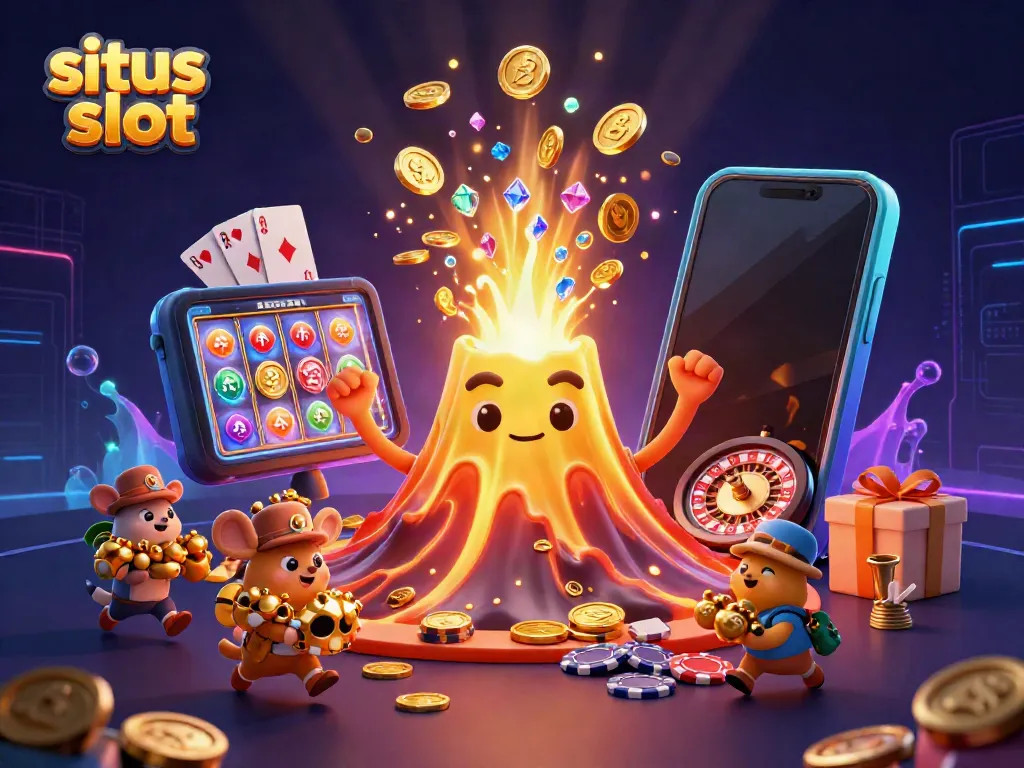 Mengalami situs slot dengan ilustrasi 3D gunung berapi emas yang memuntahkan koin, sambil dikelilingi binatang penjelajah dan permainan slot menyerbu kehampaan.