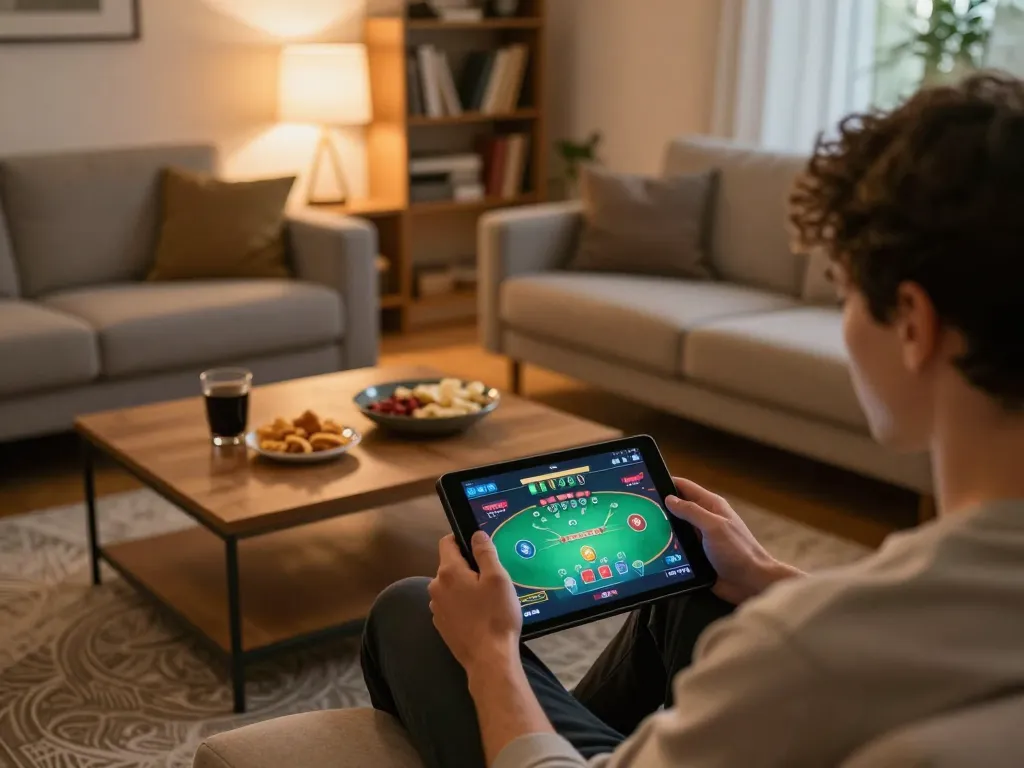 TG88 user engaging in online casino gameplay on tablet in cozy home setting