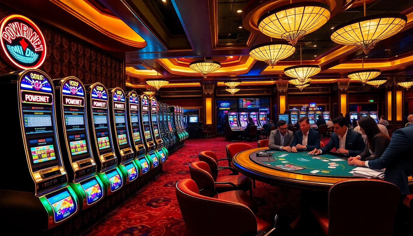 Experience the thrill of gambling with POWERNET at a vibrant casino featuring slot machines and poker tables.