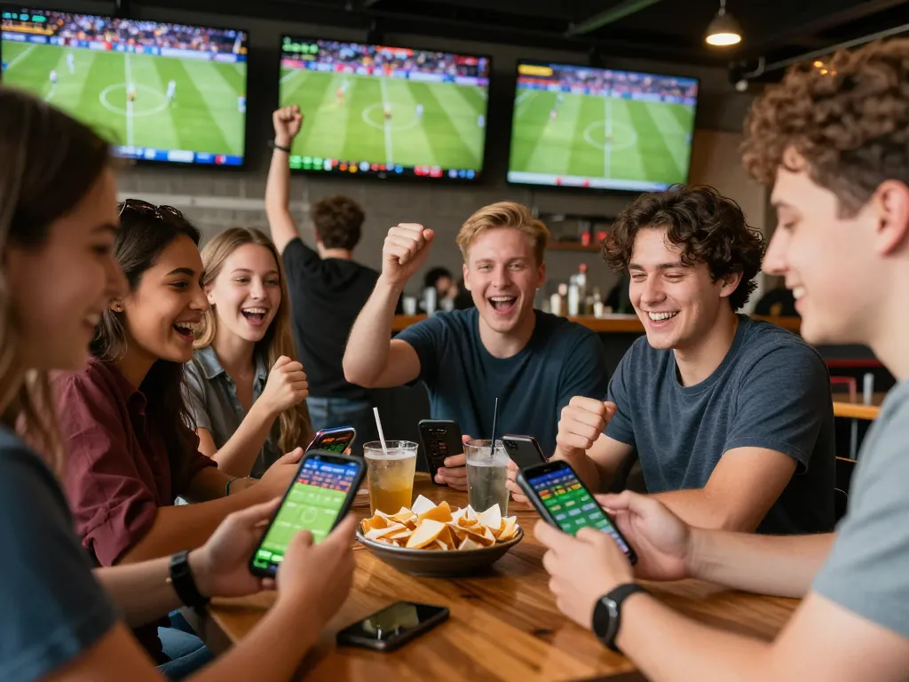 Engaging sports betting setup at a lively bar with friends celebrating wins on badak178 app.