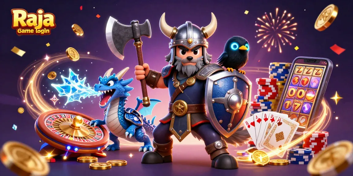 Join the fun at Raja game login with dynamic gaming elements, including a wolf warrior and treasures!