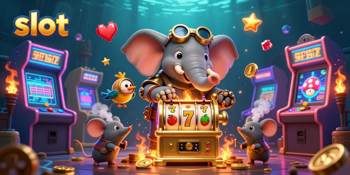Slot berwarna-warni yang berisi simbol keberuntungan di mesin slot yang dikelilingi oleh gajah dan teman-teman 3D.