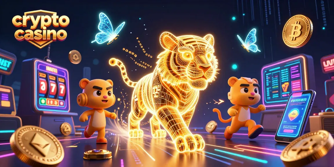 Experience the thrill of a crypto casino with a golden tiger and glowing coins in a vivid 3D digital landscape.