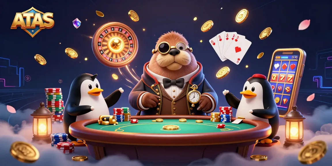 Join the lively ATAS gaming scene with a walrus and friends playing poker amidst sparkling casino elements.