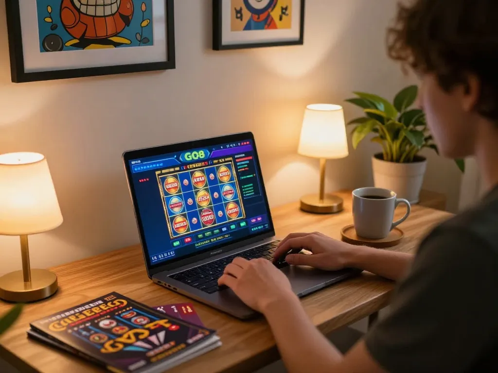 Engaging in online gaming on the GO8 platform from home with a cozy setup and strategic notes