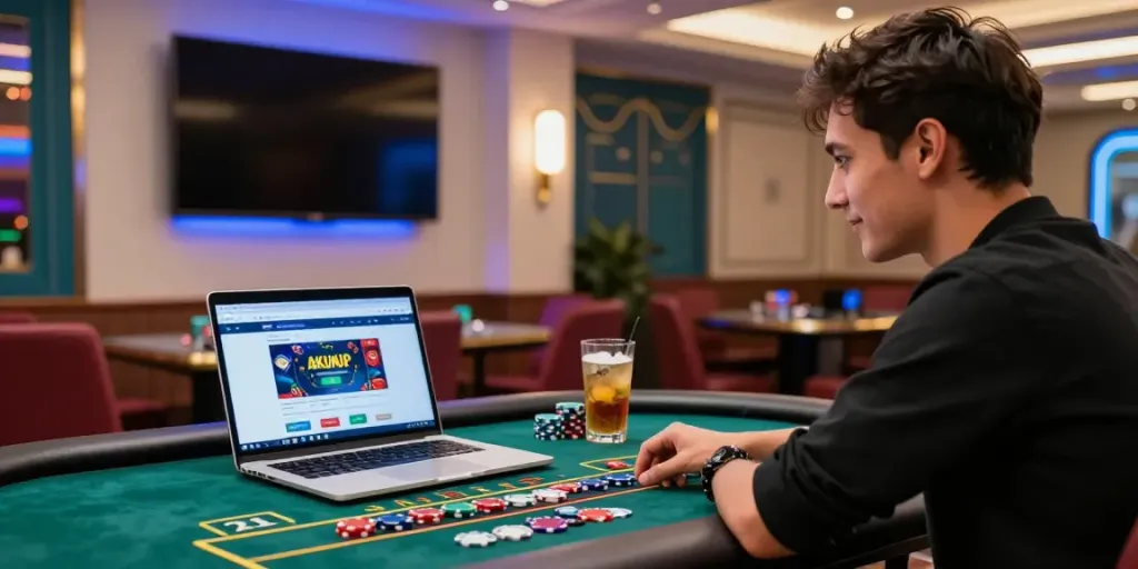 A vibrant gambling scene with a player focused on the akunjp gaming interface, colorful chips, and stylish decor, showcasing an exciting atmosphere.