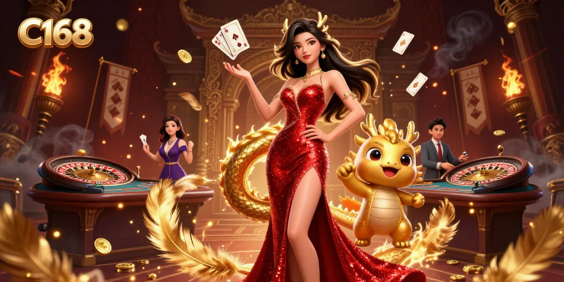 C168 offers an exciting live casino experience with a stunning Asian model, golden dragon mascot, and floating cards.