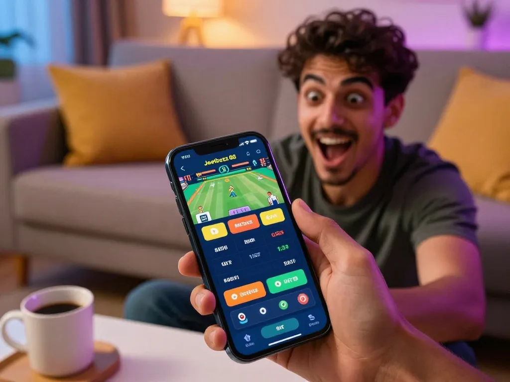 Gambling on cricket through the Jeetbuzz 88 app in a cozy living room setting
