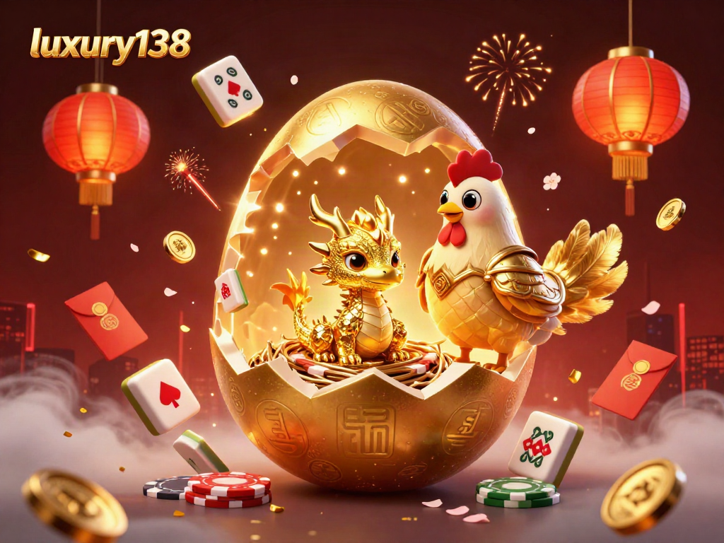luxury138 menampilkan ilustrasi kasino 3D dengan naga emas, simbol perjudian, dan kemewahan.