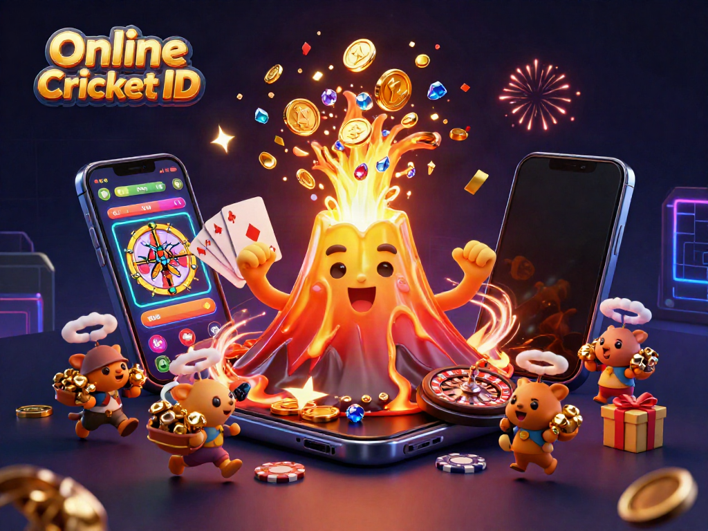 Online Cricket ID illustrates a dynamic cricket betting platform with vibrant elements and fast payouts.