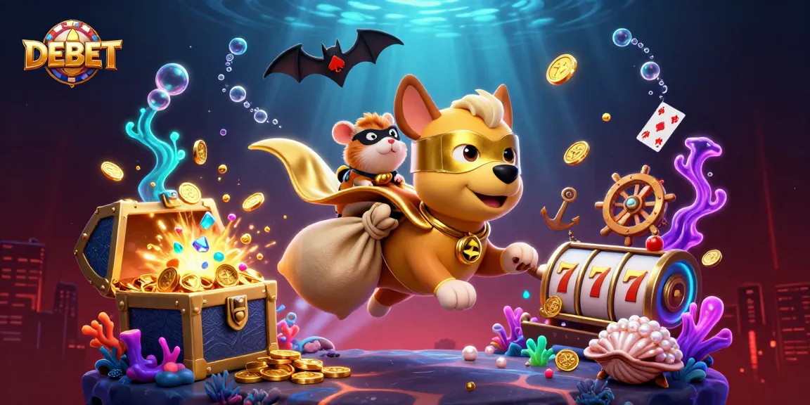 Engage in DEBET-themed casino action as a superhero dog flies with gold coins and vibrant gaming elements.
