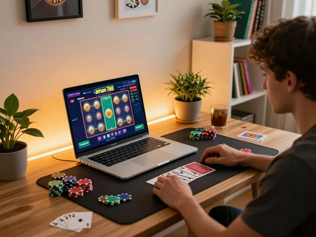Pemain yang merencanakan strategi pada aman788 slot gacor dengan dekorasi bertema berwarna-warni dan pencahayaan hangat dalam suasana yang nyaman