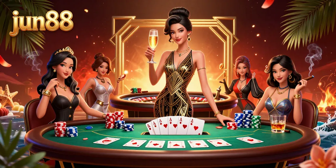 Engage in thrilling gaming with jun88, featuring an elegant scene of poker and roulette excitement.