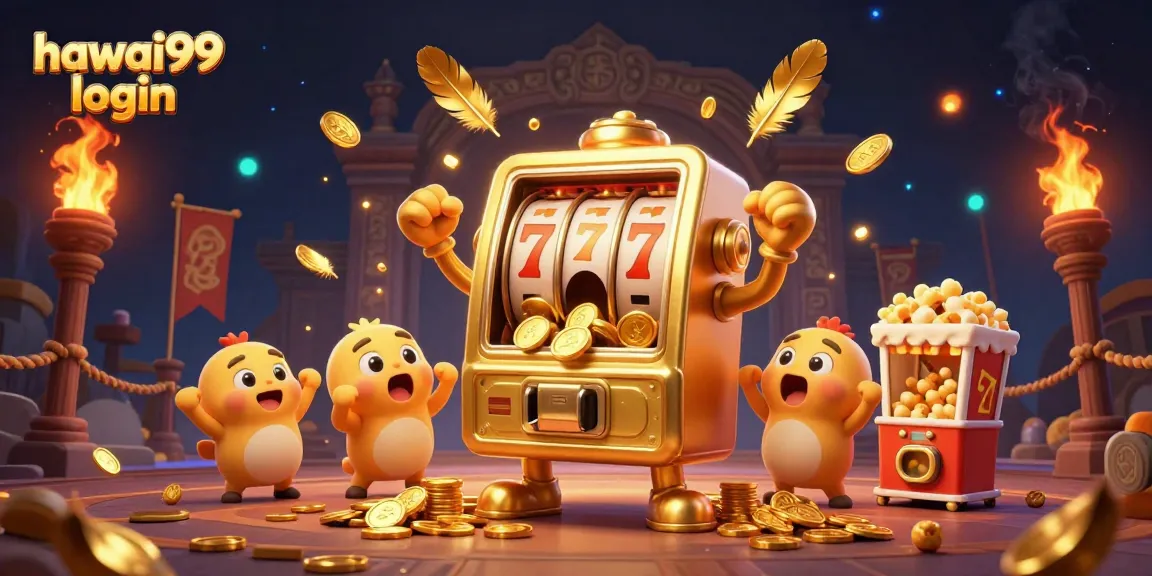 Experience the excitement of wins with hawai99 login at an animated casino scene filled with slot machines.