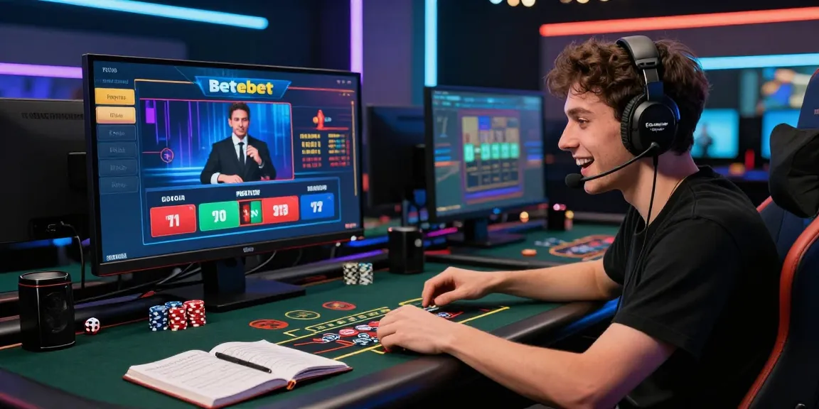 Betebet live casino gaming scene featuring an enthusiastic player at a modern desk.