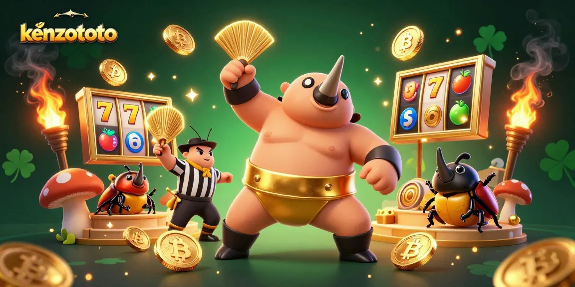 Kenzototo gaming illustration with a sumo champion beetle stamping down gold coins amidst slot machine elements.