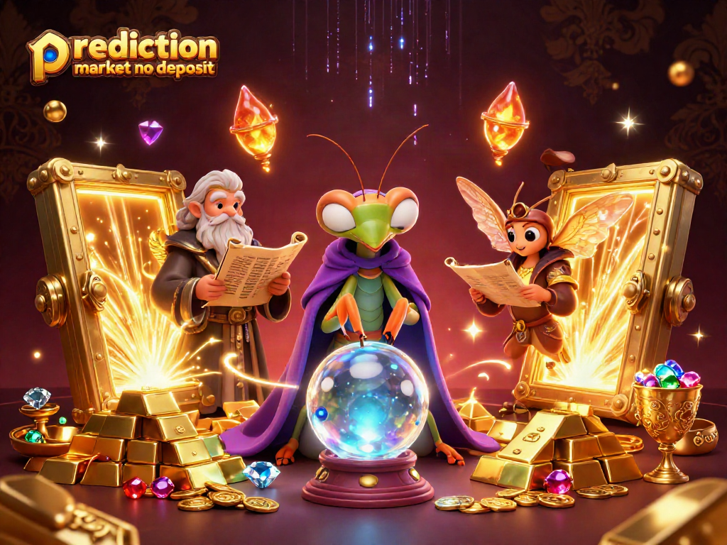 Place bets in the vibrant prediction market no deposit scene with fortune teller and glowing treasures.