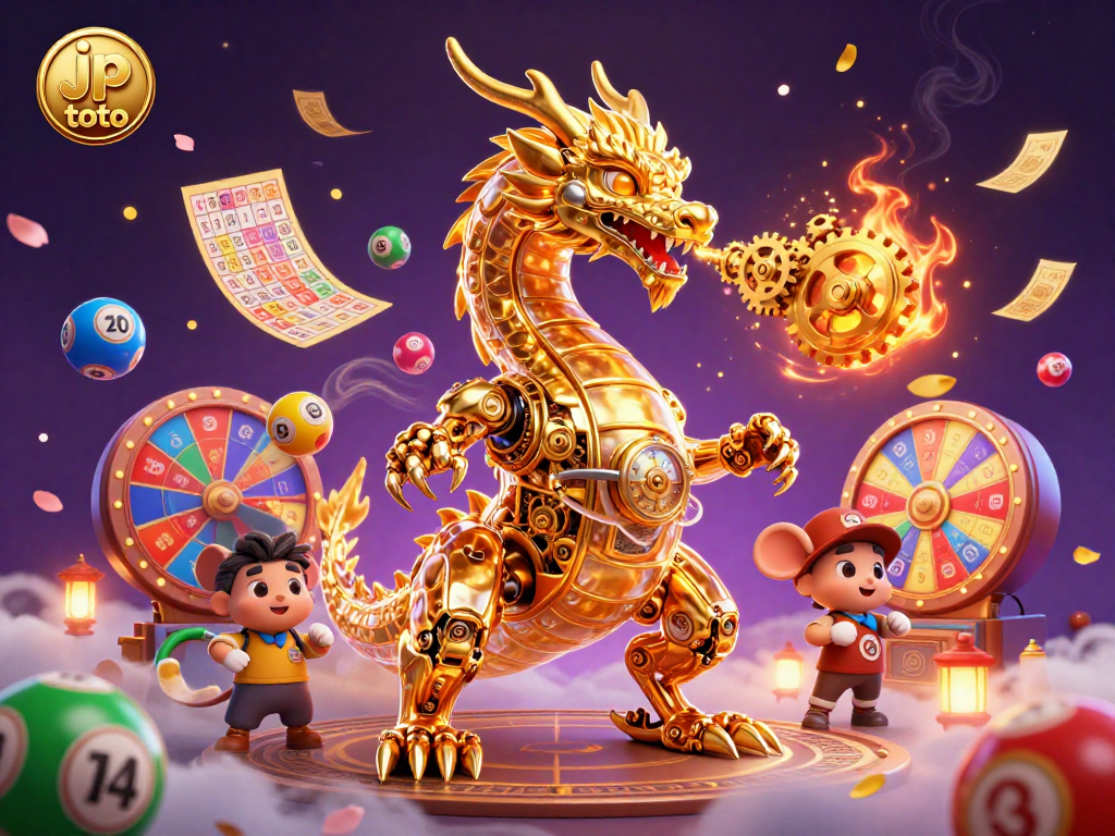 Engage with jp toto as colorful lottery balls spring into action within a dynamic casino-themed illustration.
