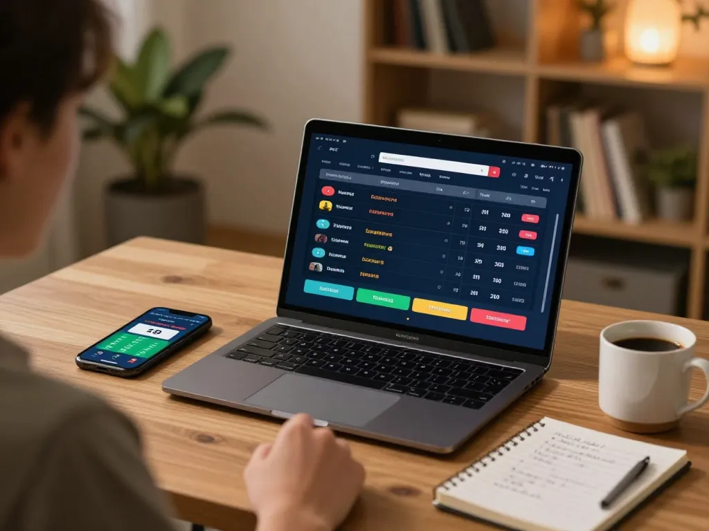 Engaging setup for soi keo nha cai with a person using a laptop in a cozy home environment, capturing the thrill of online sports betting.
