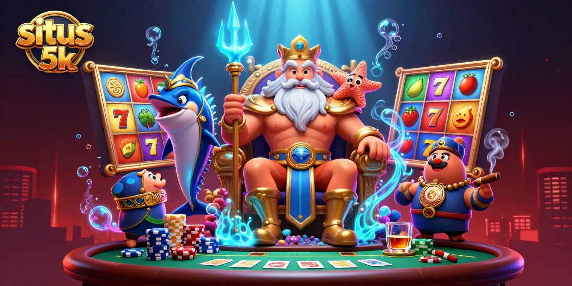 Win big with situs 5k in this vibrant scene of 3D cartoon characters and slot gaming elements.