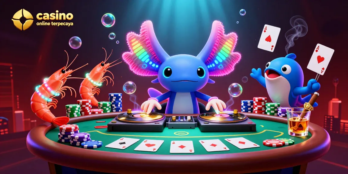 Engage with casino online terpercaya through lively scenes featuring neon axolotl DJ and vibrant poker elements.